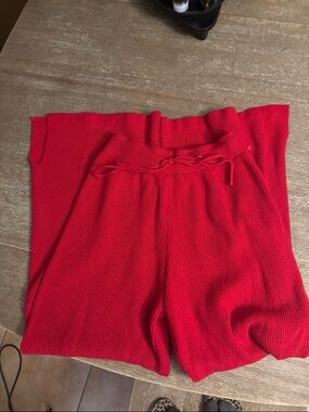 Red Wide-Leg Knit Pants with Drawstring